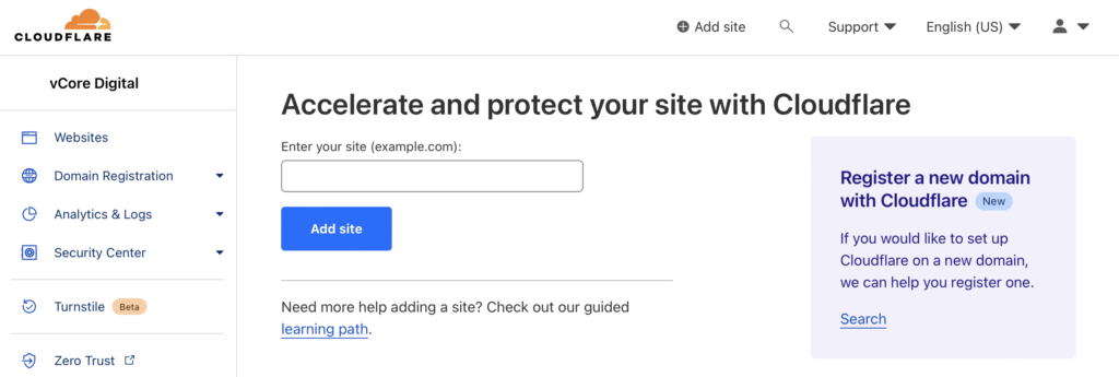 Cloudflare - Add a Site Wizard